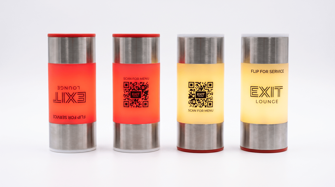 Flip Table Lamps customized with restaurant logo and scan-for-menu barcode QR code in both glowing red service alert and warm ambient lighting